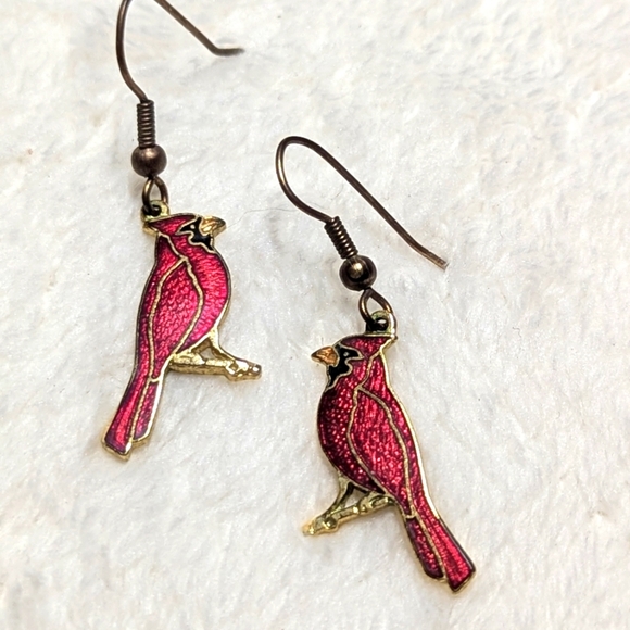 Vintage Cloisonne Red Cardinal Bird Earrings - Picture 4 of 5